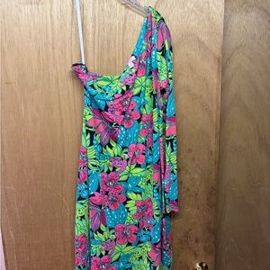 Lilly Pulitzer Neon Floral One-Shoulder Asymmetrical Dress - Pink, Teal, Lime